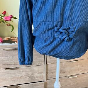 Bow Knot Detail Ribbed Textured Blue Lightweight Zip-Up Casual Sweater Hoodie M